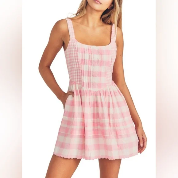 LoveShackFancy Chennedy Gingham Pleated Mini Dress In Pink Size 6 - Picture 1 of 13